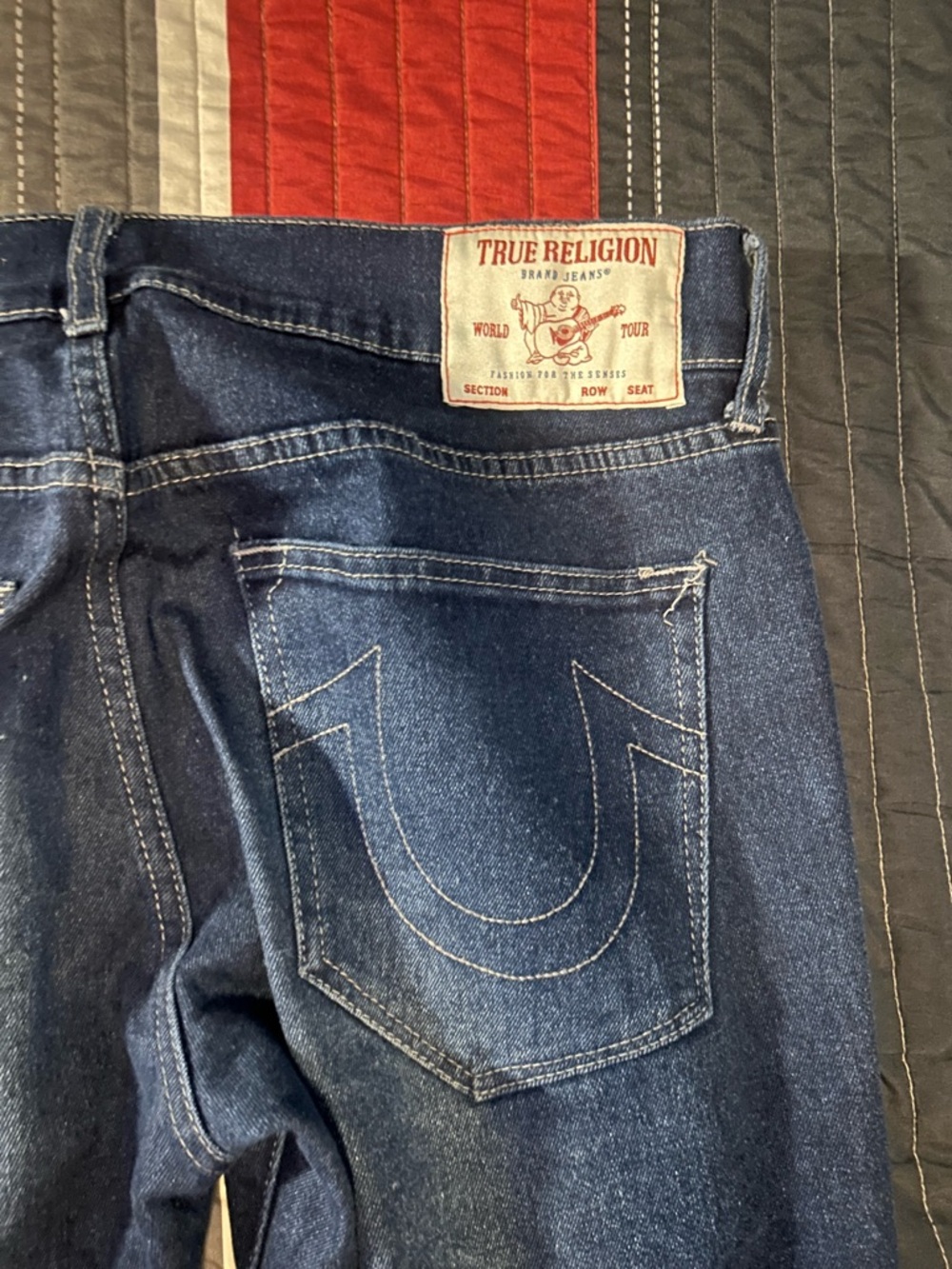 True Religion Men's Indigo Blue Relaxed Fit Jeans with Signature Back Pocket